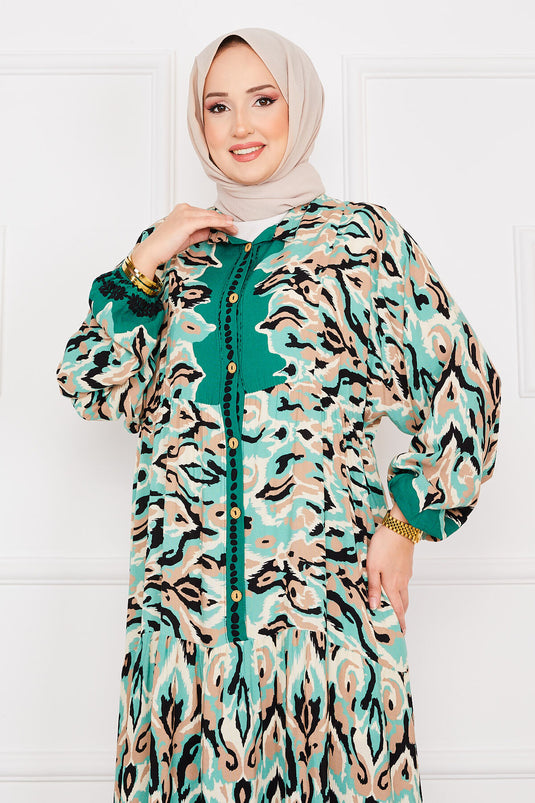 Buttoned Patterned Viscose Hijab Dress Emerald