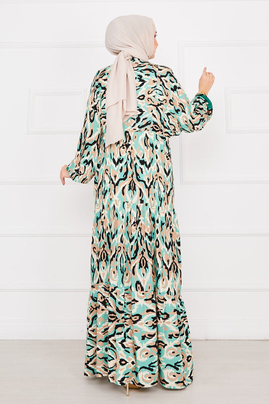 Buttoned Patterned Viscose Hijab Dress Emerald