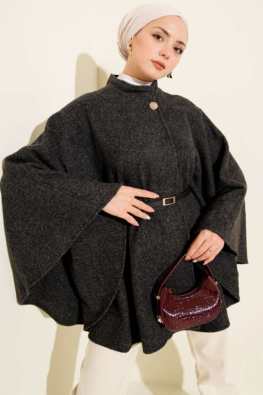 Buttoned Stand-Up Collar Belted Cashmere Poncho Anthracite