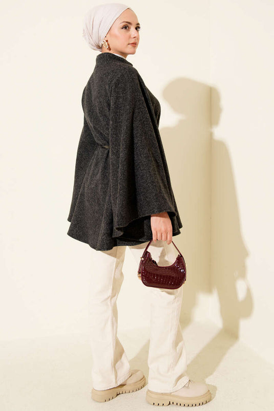 Buttoned Stand-Up Collar Belted Cashmere Poncho Anthracite