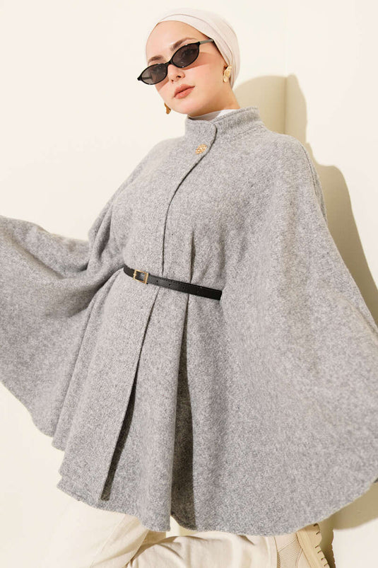 Buttoned Stand-Up Collar Belted Cashmere Poncho Grey