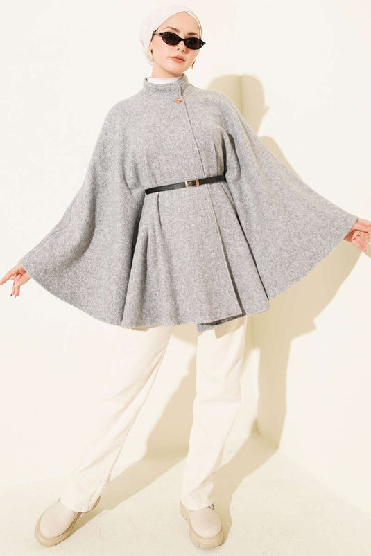 Buttoned Stand-Up Collar Belted Cashmere Poncho Grey