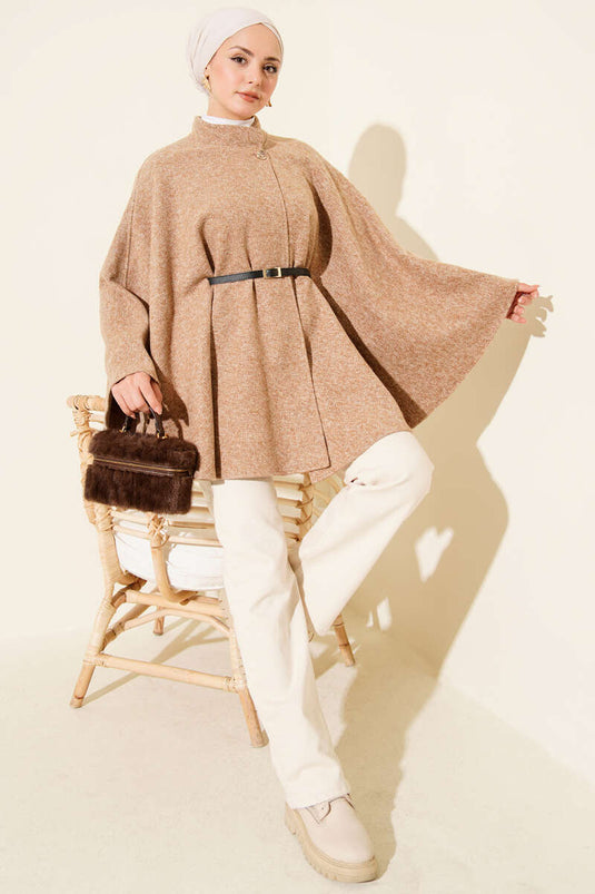Buttoned Stand-Up Collar Belted Cashmere Poncho Latte