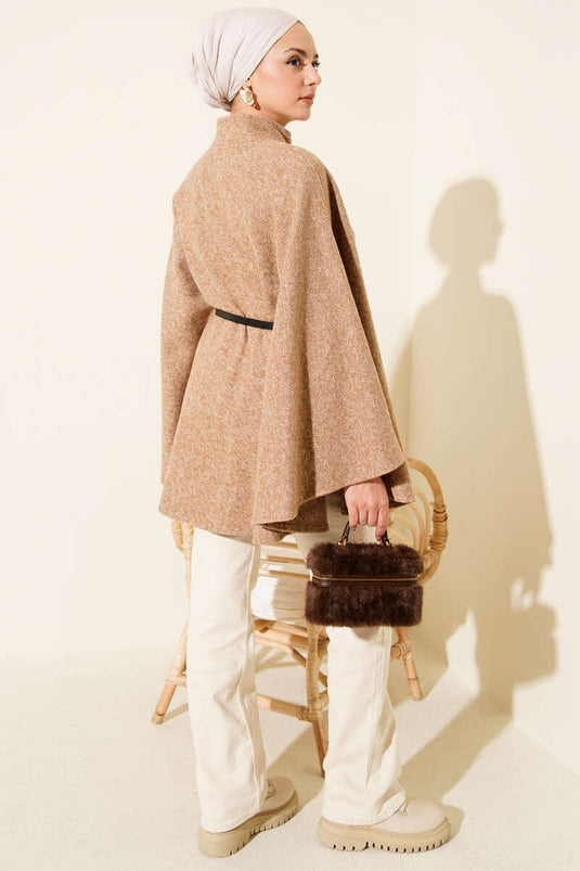 Buttoned Stand-Up Collar Belted Cashmere Poncho Latte