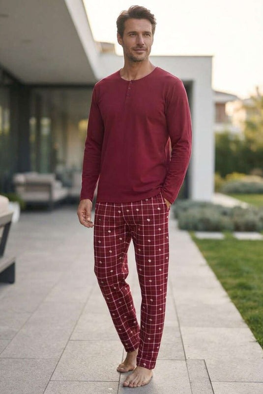 Pyjama Homme À Carreaux Boutonné Bordeaux