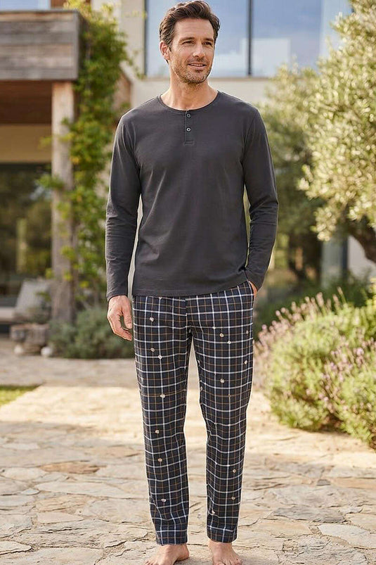 Pyjama Homme À Carreaux Boutonnés Gris Fumé