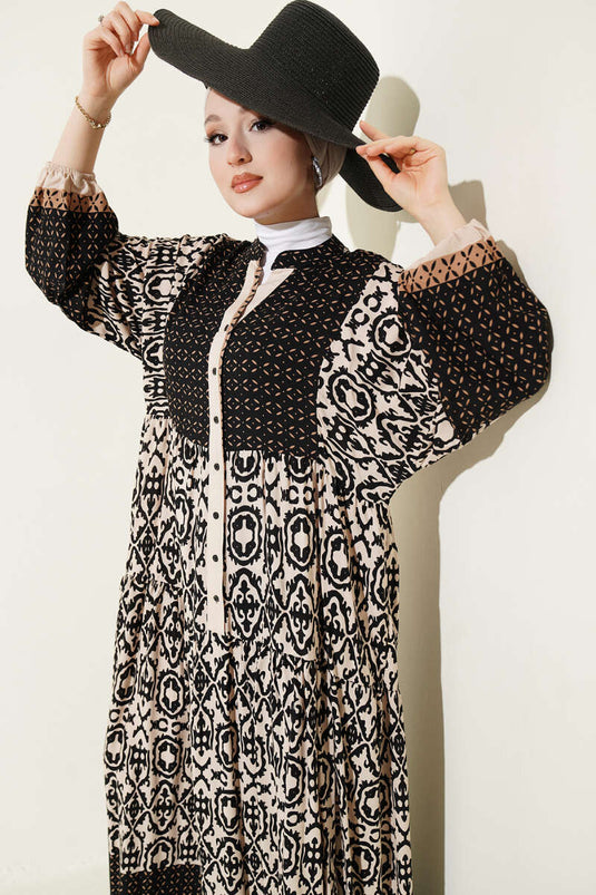 Buttoned Ethnic Patterned Layered Dress Beige