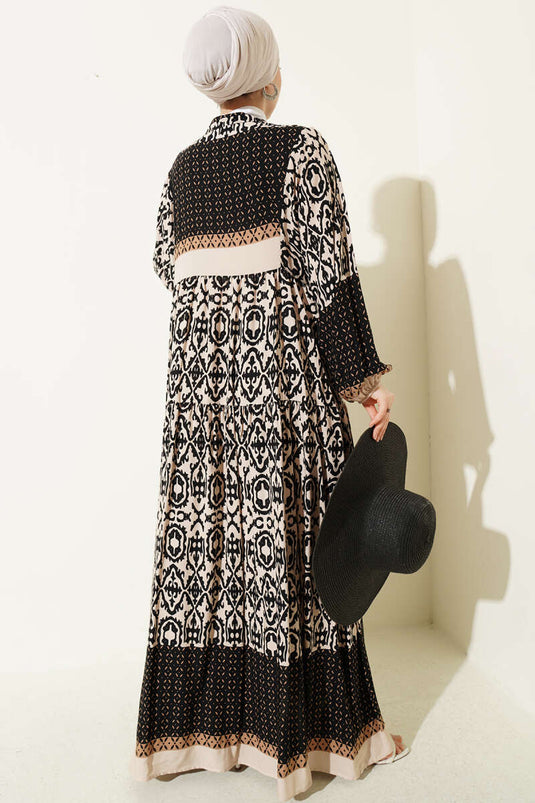 Buttoned Ethnic Patterned Layered Dress Beige