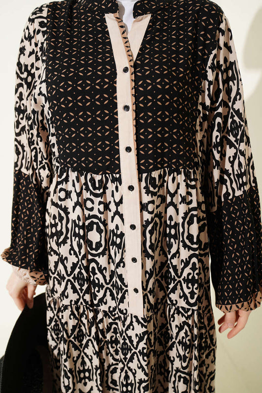 Buttoned Ethnic Patterned Layered Dress Beige