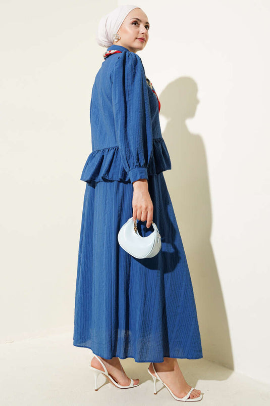 Düğmeli Fırfırlı Etekli İkili Takım İndigo