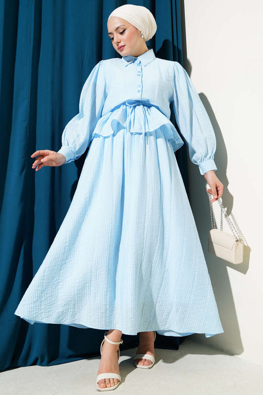 Buttoned Ruffle Skirt Two Piece Suit Blue