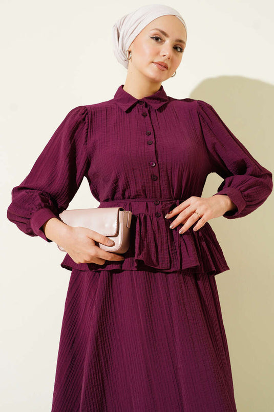 Düğmeli Fırfırlı Etekli İkili Takım Mürdüm