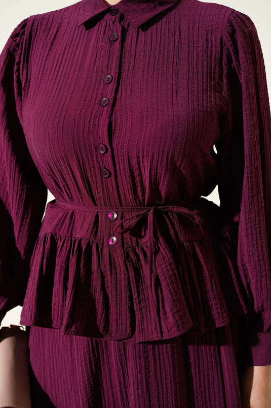 Düğmeli Fırfırlı Etekli İkili Takım Mürdüm