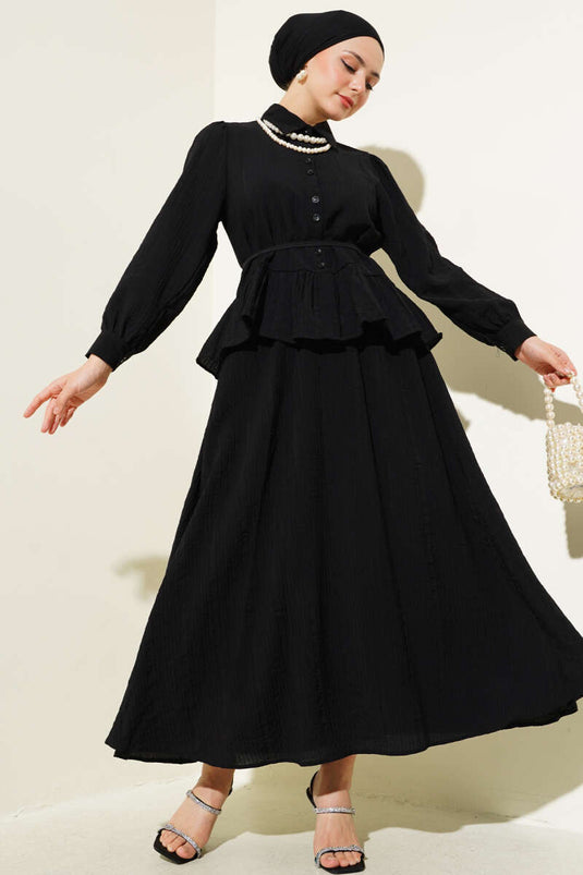 Buttoned Ruffle Skirt Two Piece Suit Black