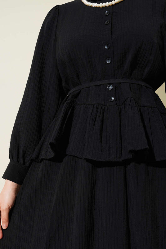 Buttoned Ruffle Skirt Two Piece Suit Black