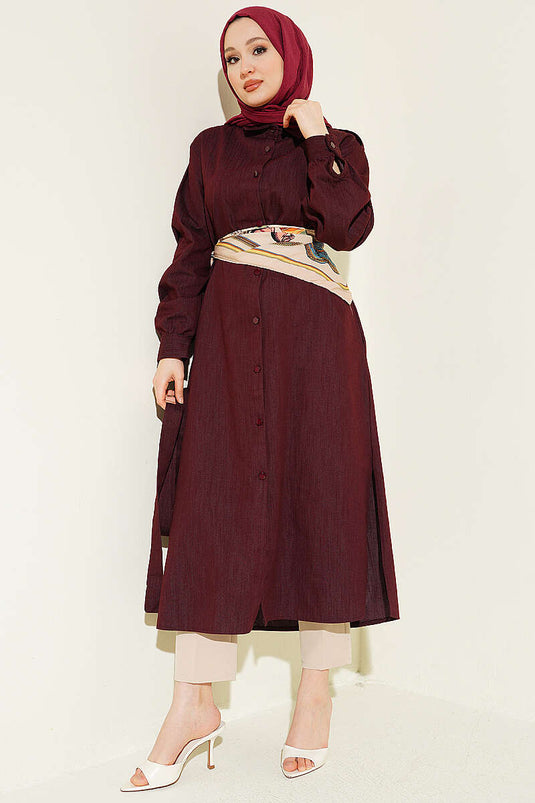 Tunica lunga bordeaux con foulard e bottoni