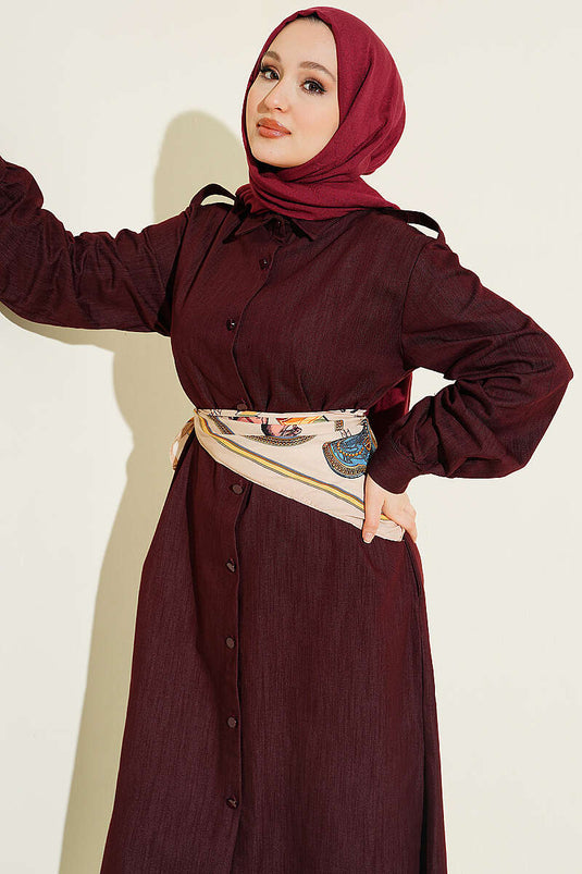 Tunica lunga bordeaux con foulard e bottoni