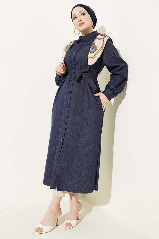 Tunica lunga con foulard e bottoni indaco