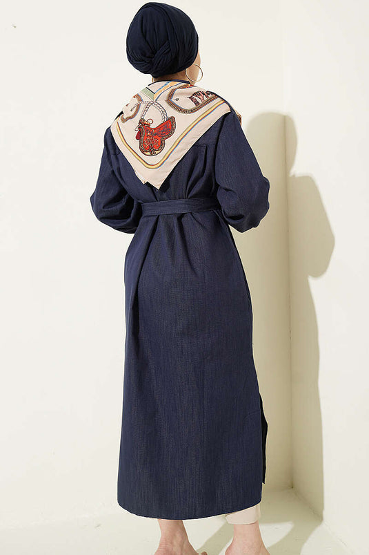 Tunica lunga con foulard e bottoni indaco