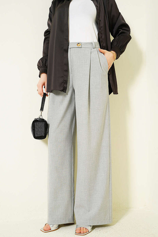 Pantalon en tissu à jambes larges avec boutons gris