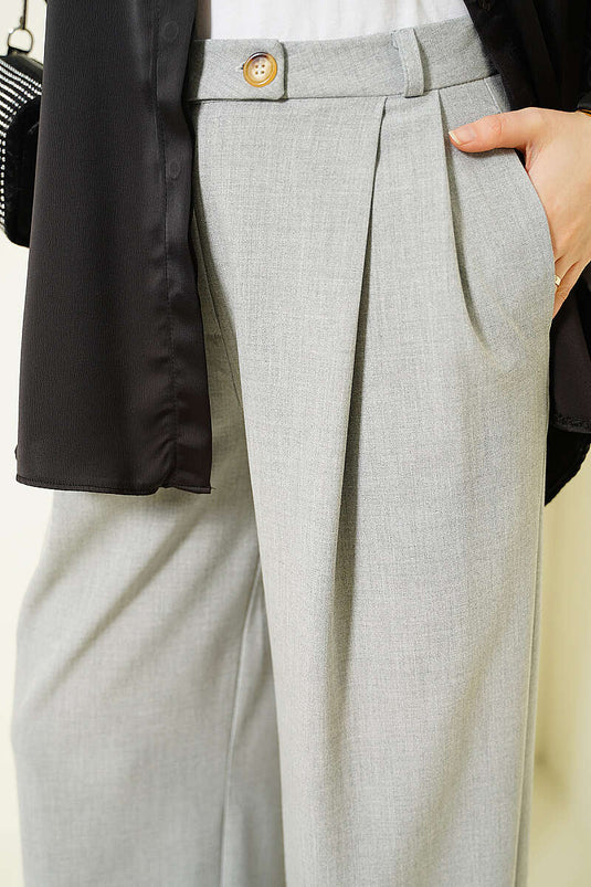 Pantalon en tissu à jambes larges avec boutons gris