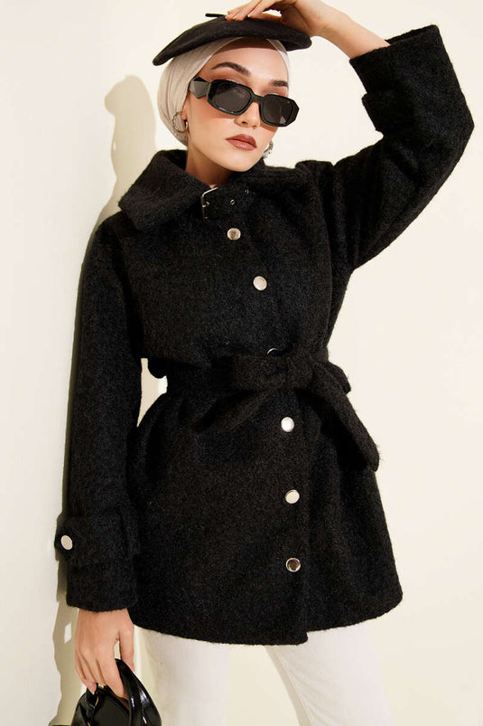 Chaqueta de fieltro con cuello camisero abotonado, color negro