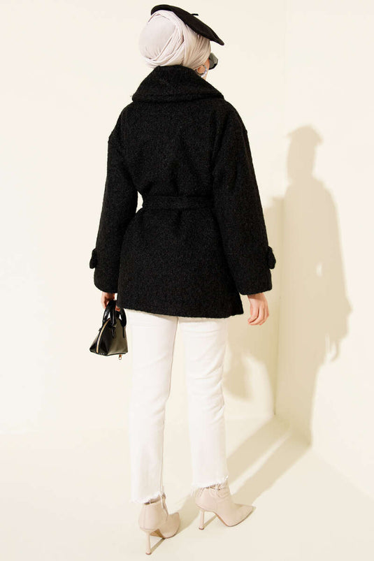 Chaqueta de fieltro con cuello camisero abotonado, color negro