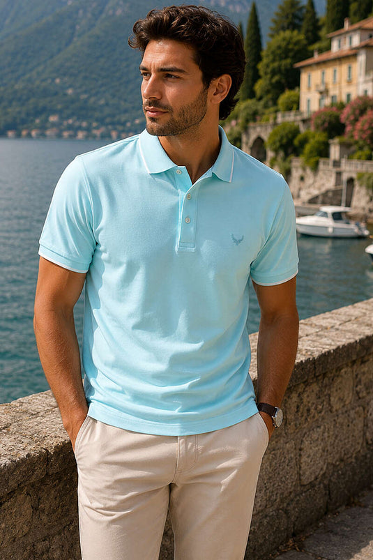 Düğmeli Gömlek Yaka Şeritli Erkek T-shirt Aqua