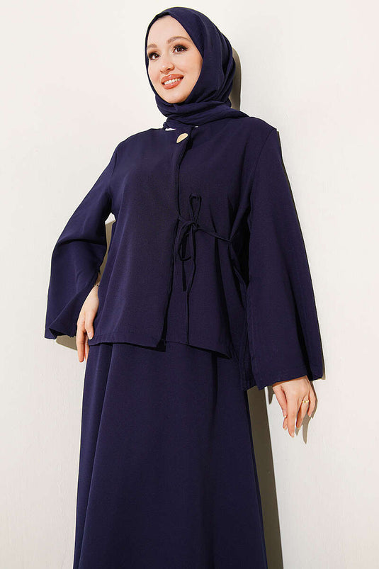 Set met dubbele rok en koordsluiting met knopen, marineblauw