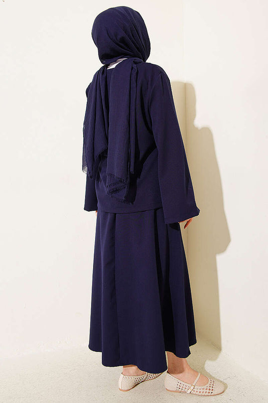 Set met dubbele rok en koordsluiting met knopen, marineblauw