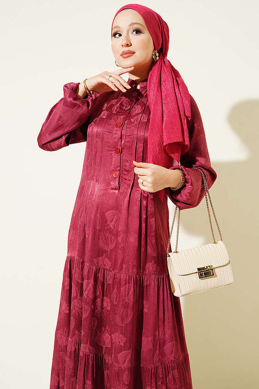 Robe En Soie Satinée Boutonnée Bordeaux
