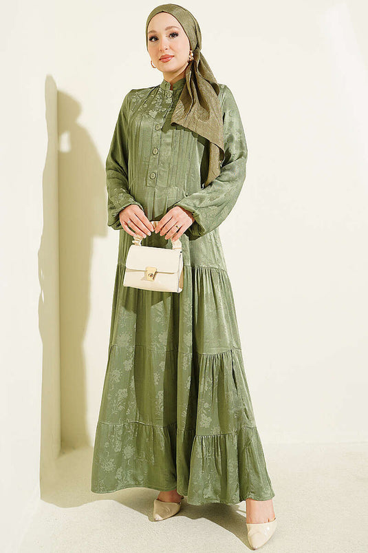 Buttoned Satin Silk Dress Khaki