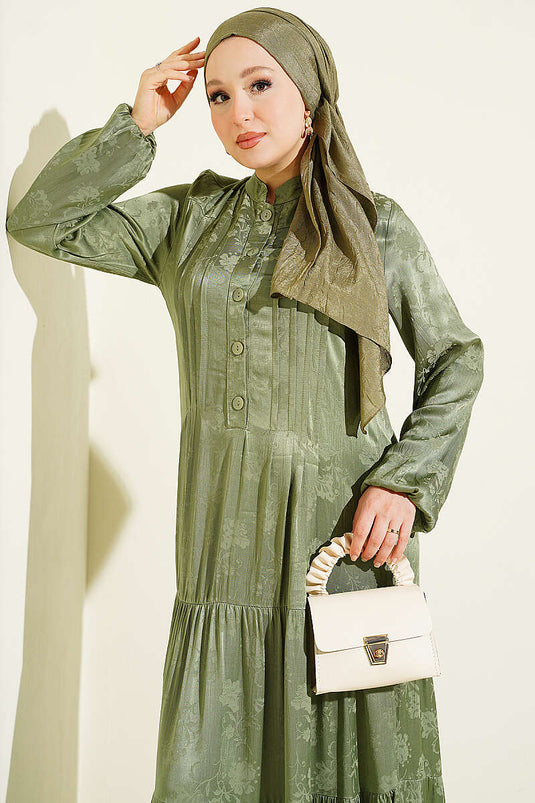 Buttoned Satin Silk Dress Khaki