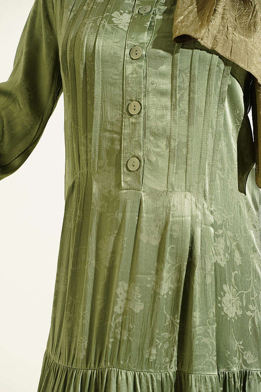 Buttoned Satin Silk Dress Khaki