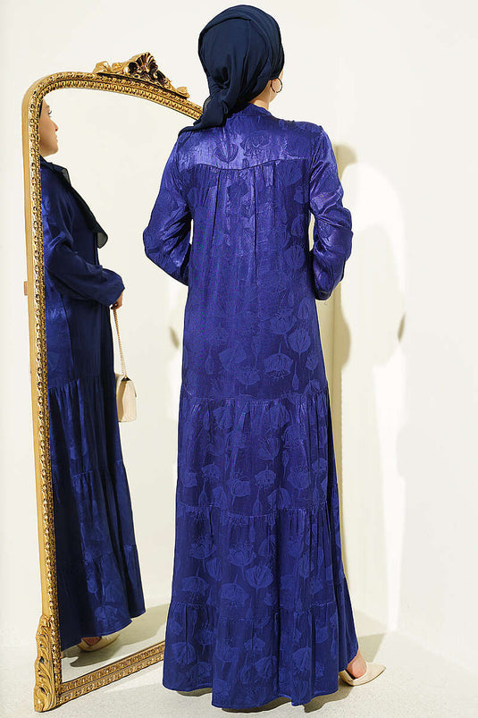 Buttoned Satin Silk Dress Navy