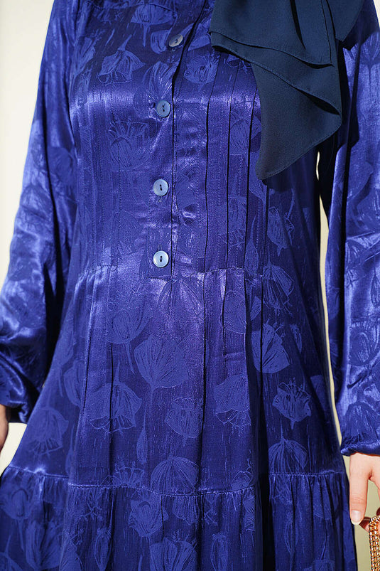 Buttoned Satin Silk Dress Navy