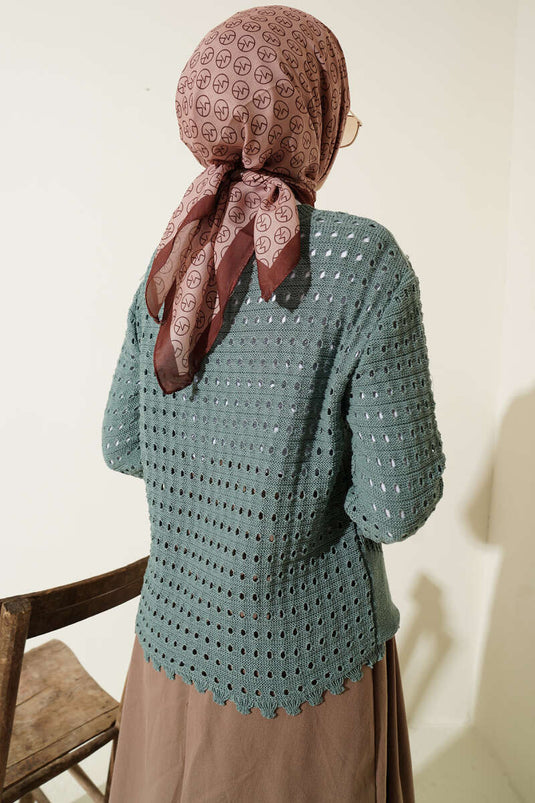 Buttoned Embossed Detail Short Openwork Cardigan in Pistachio Green