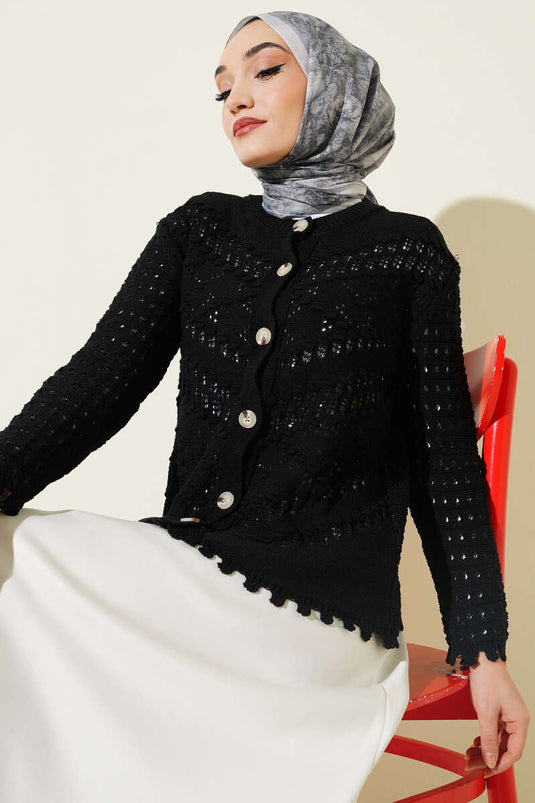 Cardigan court ajouré avec détails en relief et boutons, noir