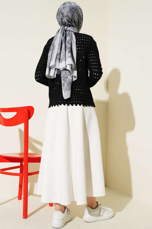 Cardigan court ajouré avec détails en relief et boutons, noir