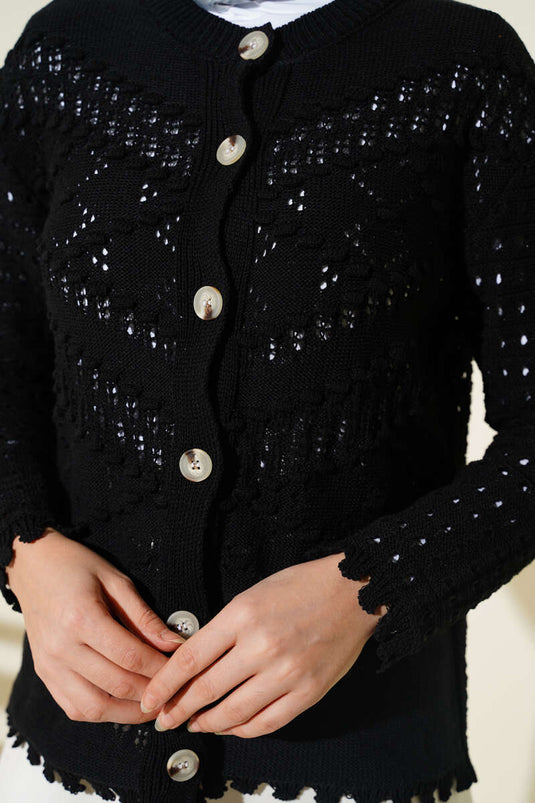 Cardigan court ajouré avec détails en relief et boutons, noir