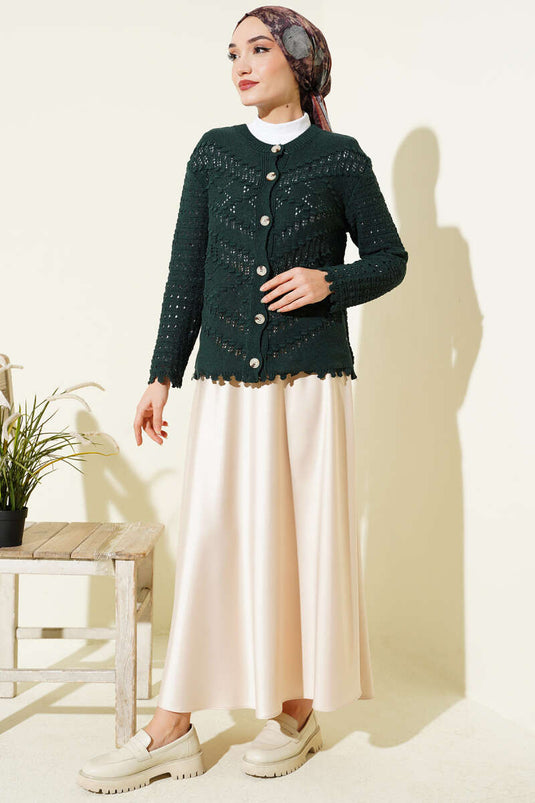 Cardigan court ajouré avec détails en relief et boutons, couleur émeraude