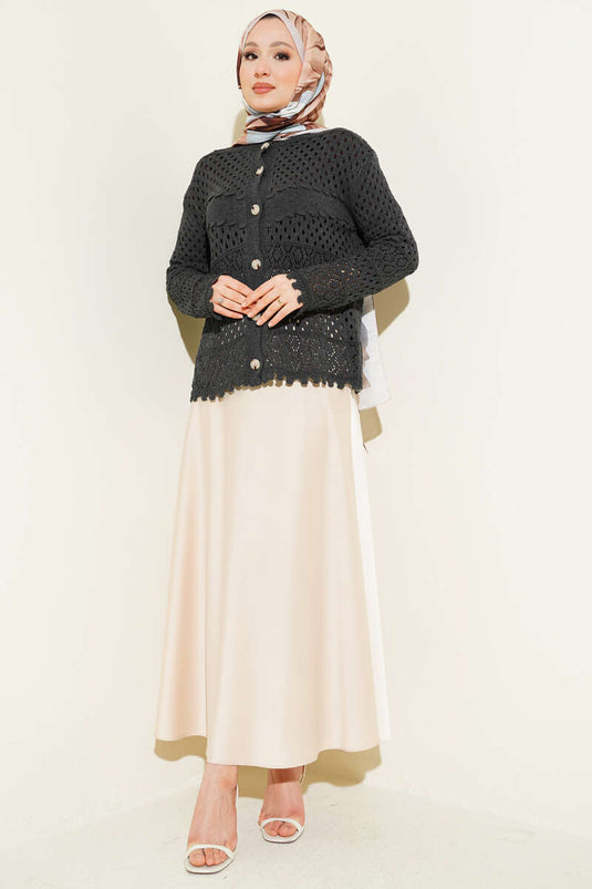 Buttoned Embossed Short Knit Cardigan in Charcoal