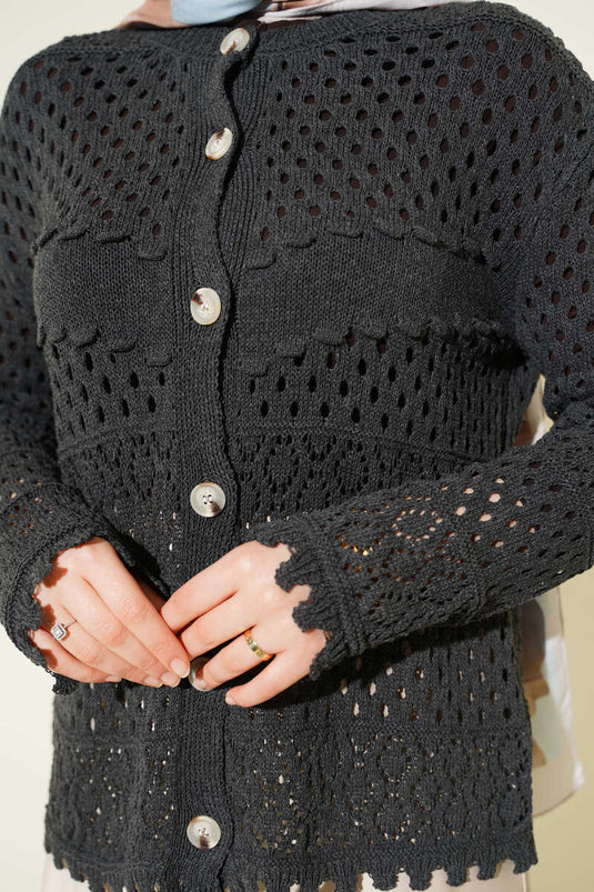 Buttoned Embossed Short Knit Cardigan in Charcoal