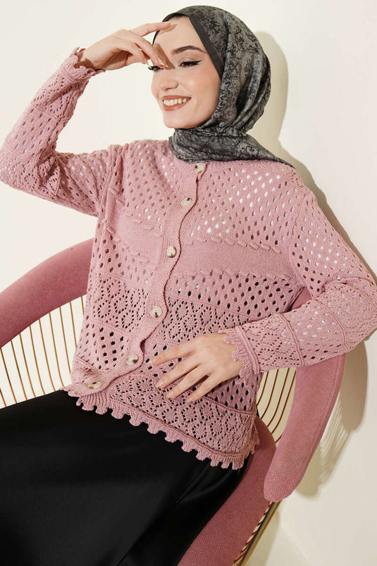 Buttoned Embossed Short Knit Cardigan Rose Dust