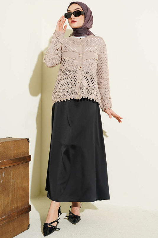 Buttoned Embossed Short Knit Cardigan Mink