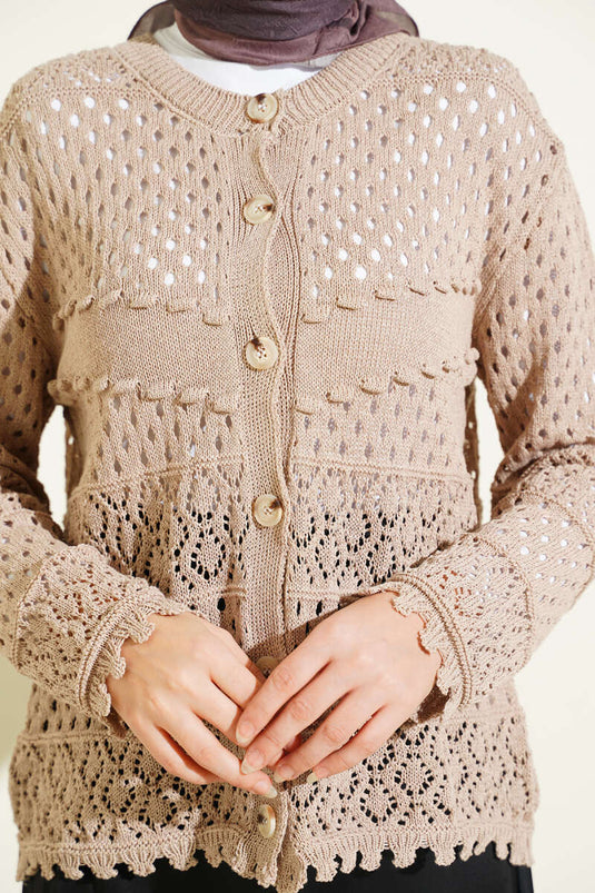 Buttoned Embossed Short Knit Cardigan Mink