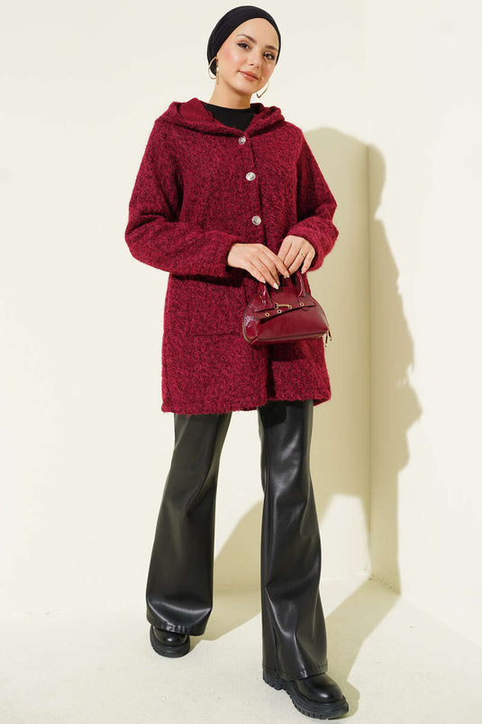 Buttoned Hooded Boucle Cardigan Burgundy