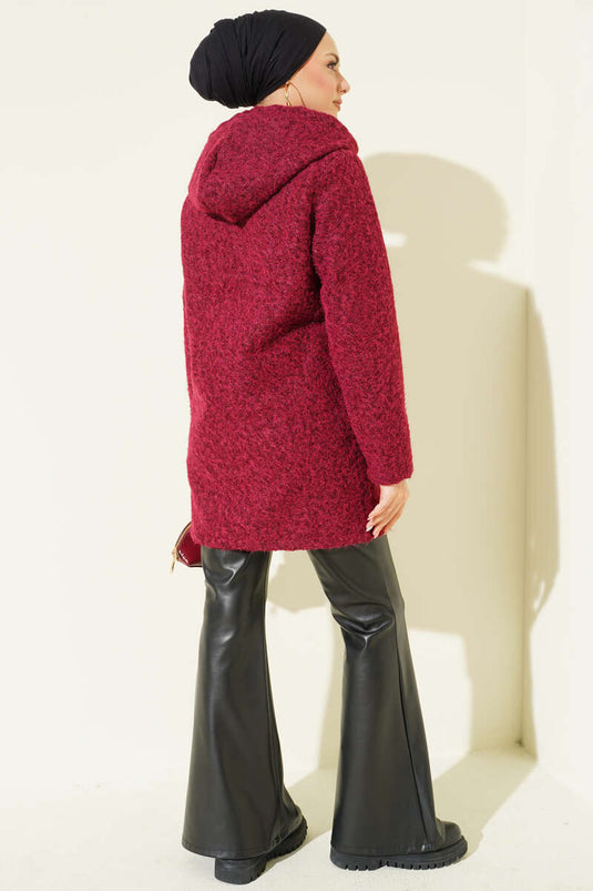 Buttoned Hooded Boucle Cardigan Burgundy