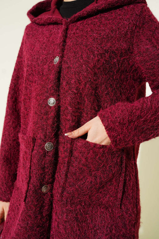 Buttoned Hooded Boucle Cardigan Burgundy