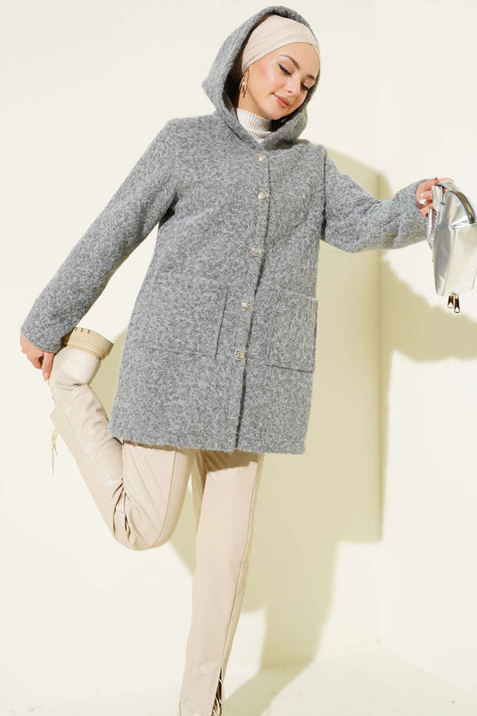 Buttoned Hooded Boucle Cardigan Gray